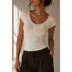 Twiggy Cream Angora Wool Blend Knit Top Rhinestone Floral Applique Medium
